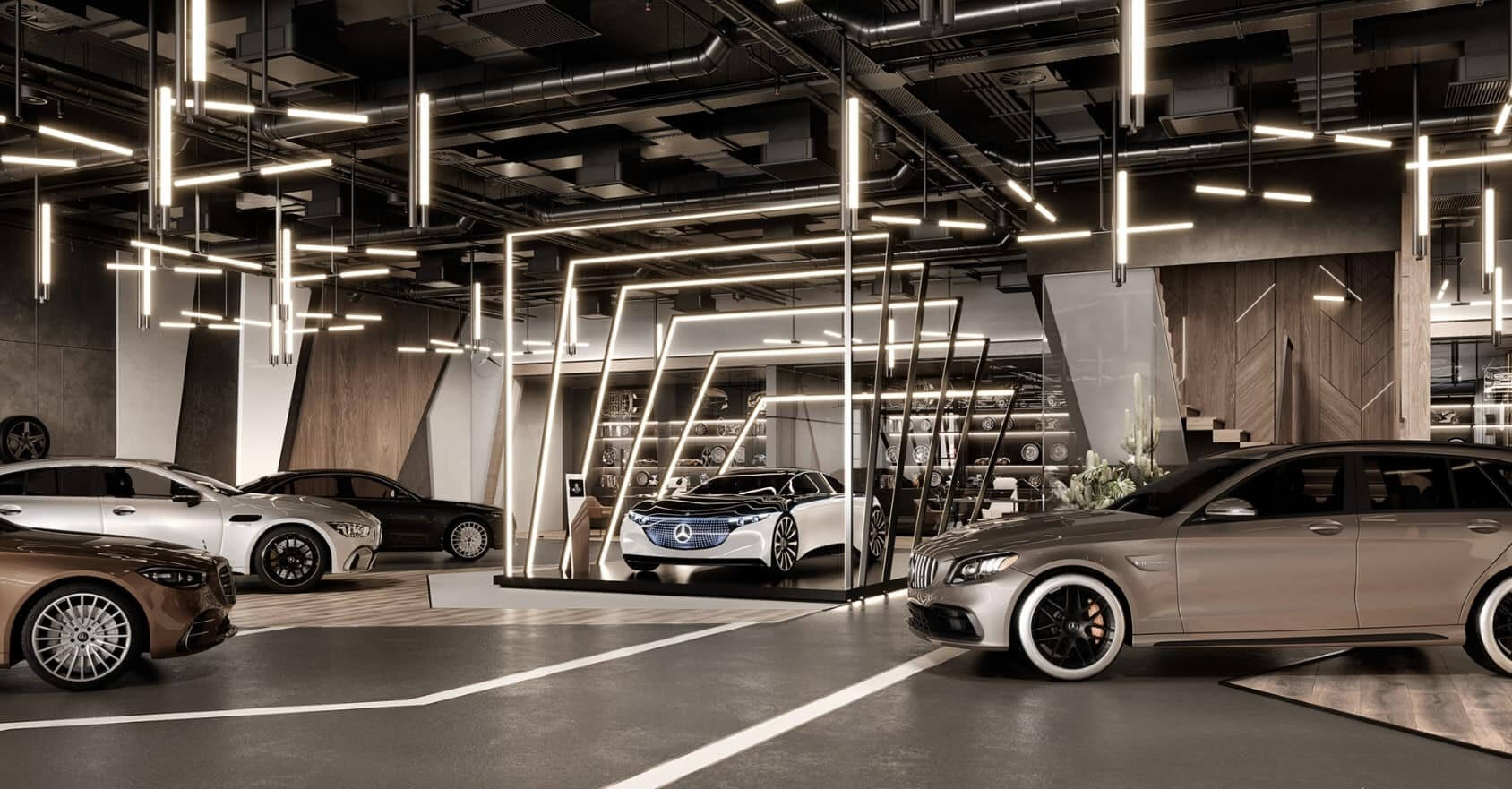 Showroom xe hơi sang trọng với các mẫu ô tô hiện đại và thiết kế đèn trang trí tinh tế.