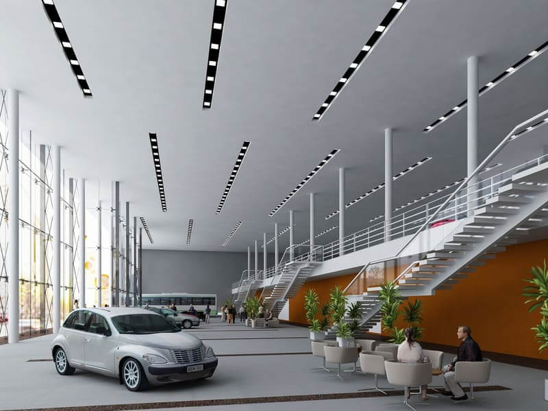 Nội thất hiện đại của sảnh lớn với xe hơi, cầu thang và chỗ ngồi thư giãn, thiết kế kiến trúc sáng tạo.