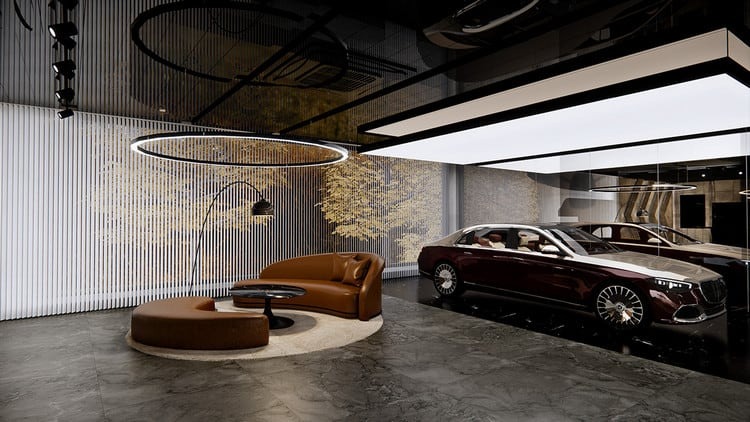 Phòng trưng bày xe sang trọng với nội thất hiện đại và ô tô cao cấp đậu bên trong dòng xe.