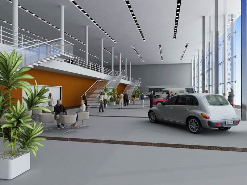 Sảnh lớn với xe hơi, cầu thang, cây cảnh và người trò chuyện, thiết kế hiện đại và ánh sáng tự nhiên.