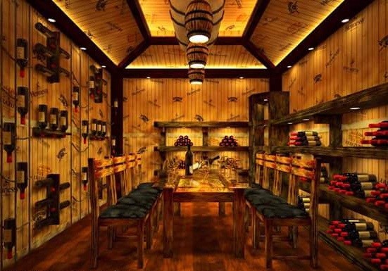 Hầm rượu vang sang trọng cùng bàn ghế gỗ và kệ rượu sắp xếp gọn gàng trên tường.