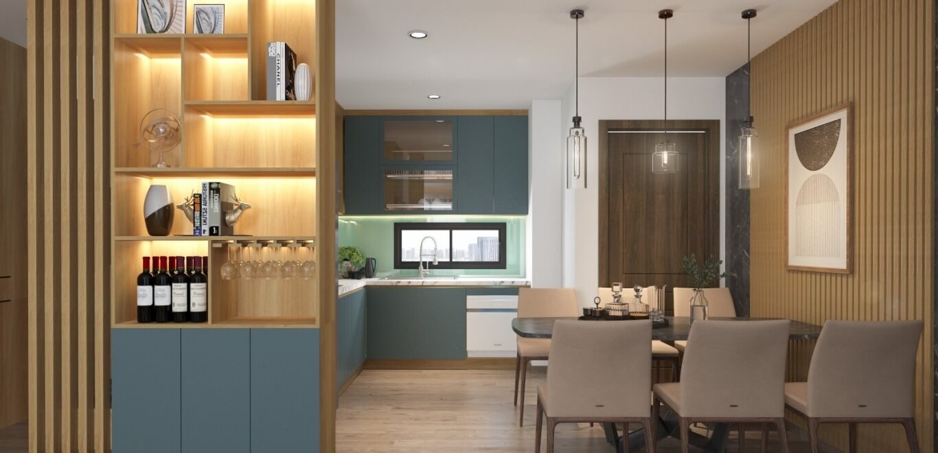 Phòng bếp và ăn hiện đại với kệ gỗ, ghế bọc nệm, đèn treo trang trí và cửa sổ lớn nhìn ra khung cảnh thành phố.