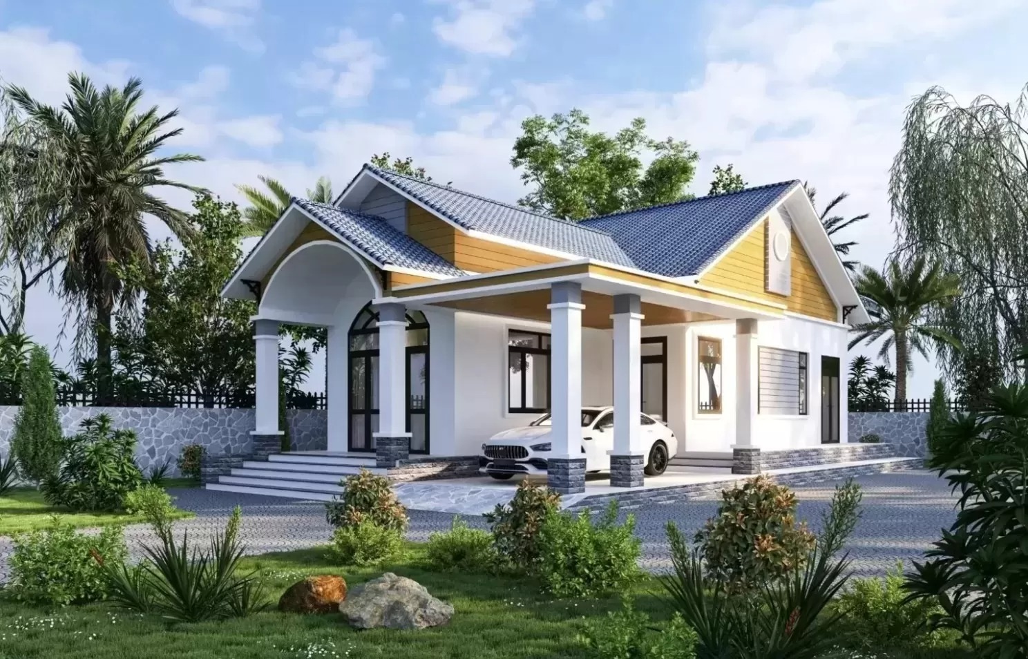 Nhà cấp 4 mái thái với sân vườn xanh mát và ô tô đỗ trước nhà, kiến trúc hiện đại, hài hòa với thiên nhiên.