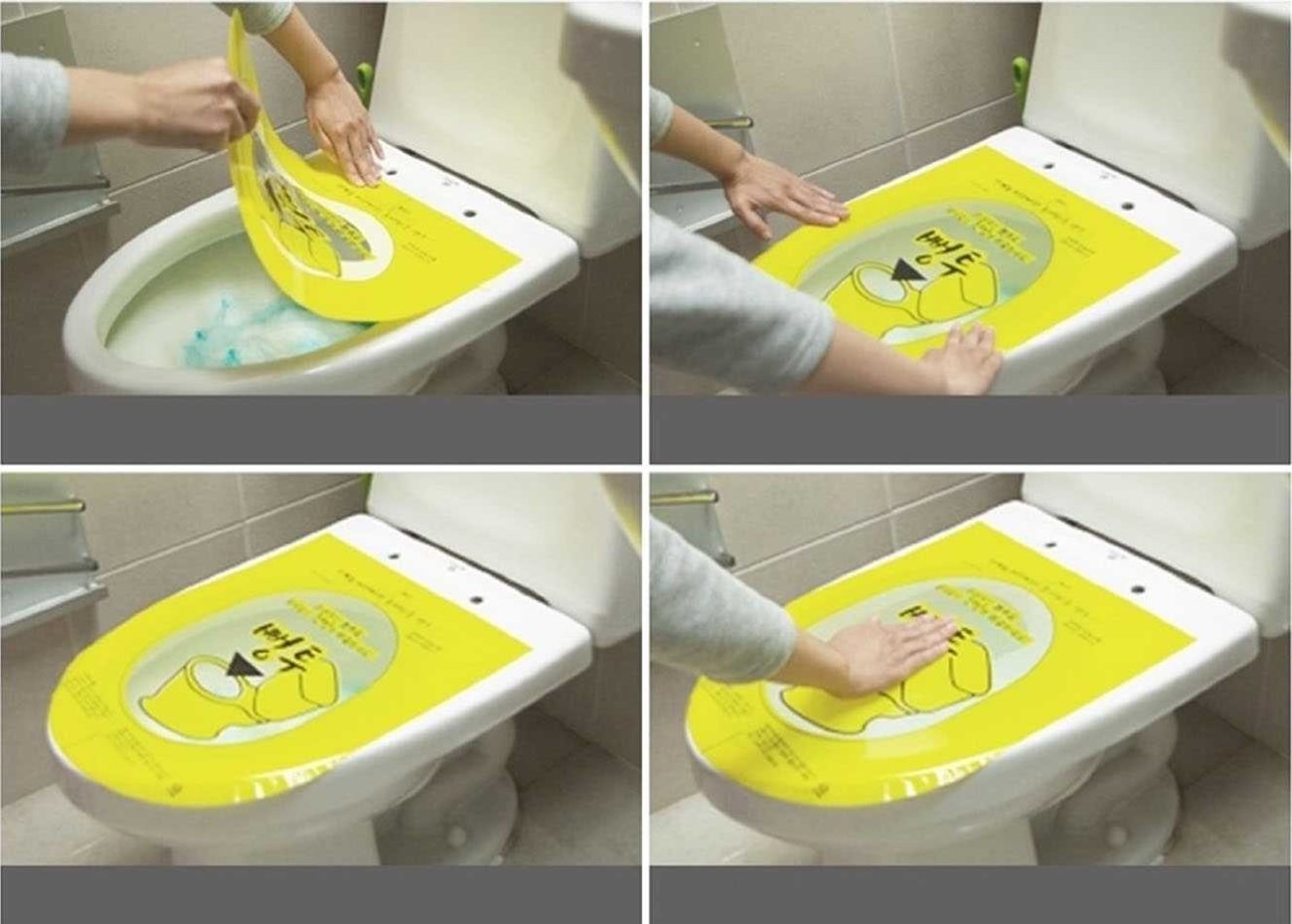 Người đang sử dụng miếng dán tẩy chặn bồn cầu màu vàng trên bệ vệ sinh để thông tắc nhanh chóng.