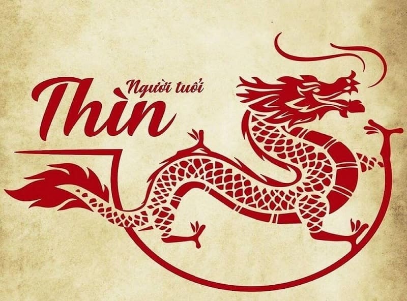 Hình ảnh con rồng đỏ và chữ Người tuổi Thìn trên nền giấy cũ, biểu tượng mạnh mẽ trong văn hóa phương Đông.