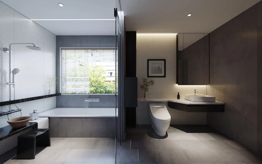 Phòng tắm hiện đại với bồn tắm gần cửa sổ, vòi sen và bồn rửa, thiết kế tối giản và ánh sáng tự nhiên.