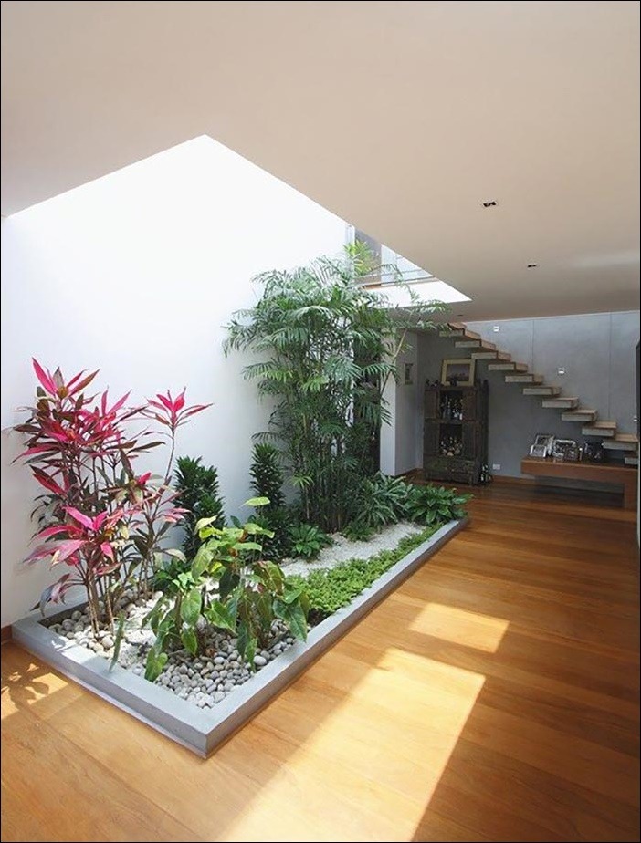 Vườn trong nhà với cây xanh và đá cuội trên sàn gỗ, ánh sáng tự nhiên từ cửa sổ trần hiện đại.