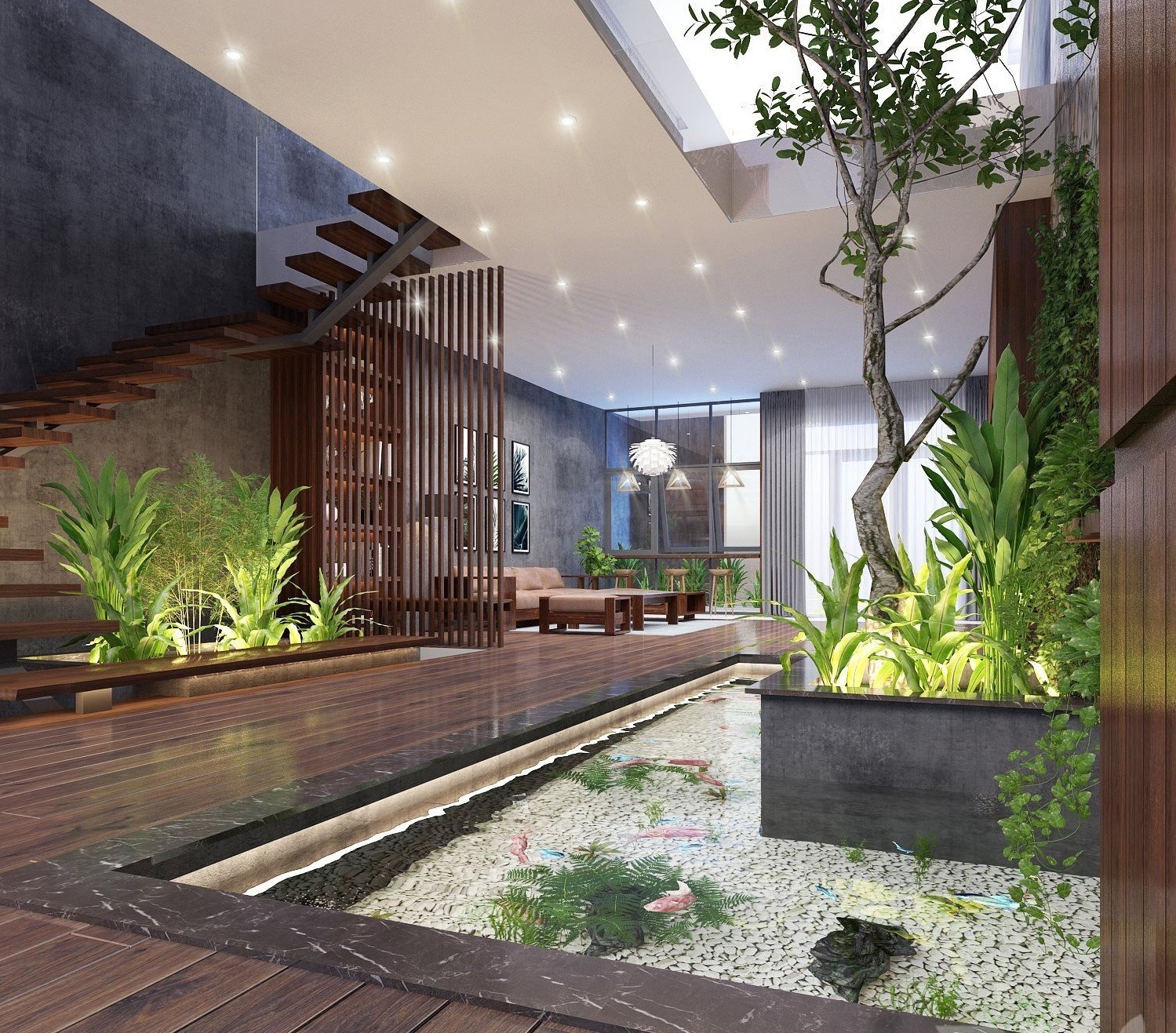 Không gian phòng khách hiện đại với lối kiến trúc mở, cây xanh và hồ cá trang trí tinh tế.