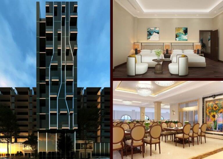 Tòa nhà hiện đại, phòng ngủ sang trọng, và nhà hàng đẳng cấp với thiết kế nội thất tinh tế.