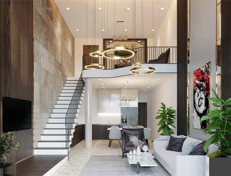 Phòng khách hiện đại với nội thất sang trọng, đèn chùm tinh tế, cầu thang nổi bật và tranh nghệ thuật độc đáo.