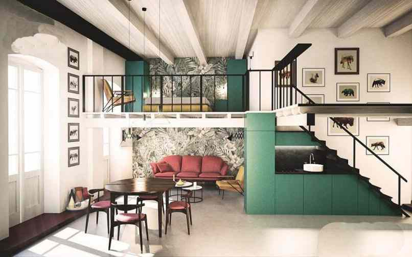 Căn hộ gác lửng hiện đại với nội thất sáng tạo, bàn ăn tròn và ghế sofa màu hồng trong không gian mở.