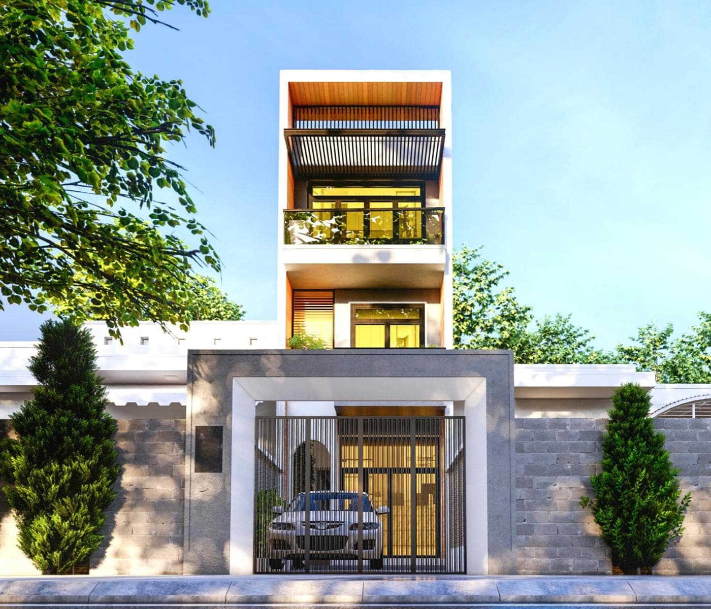 Nhà phố hiện đại ba tầng với cây cối xanh mướt bao quanh, ánh sáng tự nhiên chiếu rọi qua cửa kính rộng.