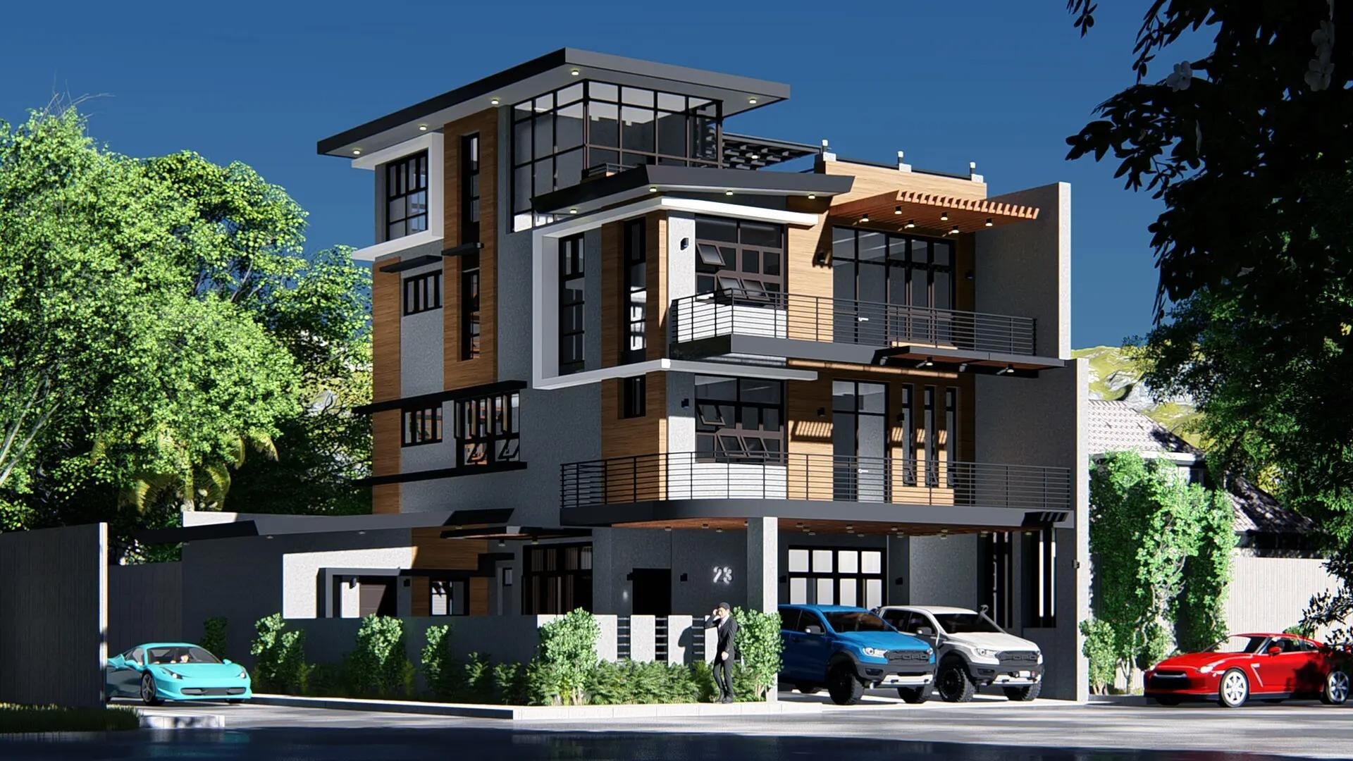 Ngôi nhà hiện đại ba tầng với ô tô đỗ trước cửa, bao quanh bởi cây xanh và bầu trời trong xanh.