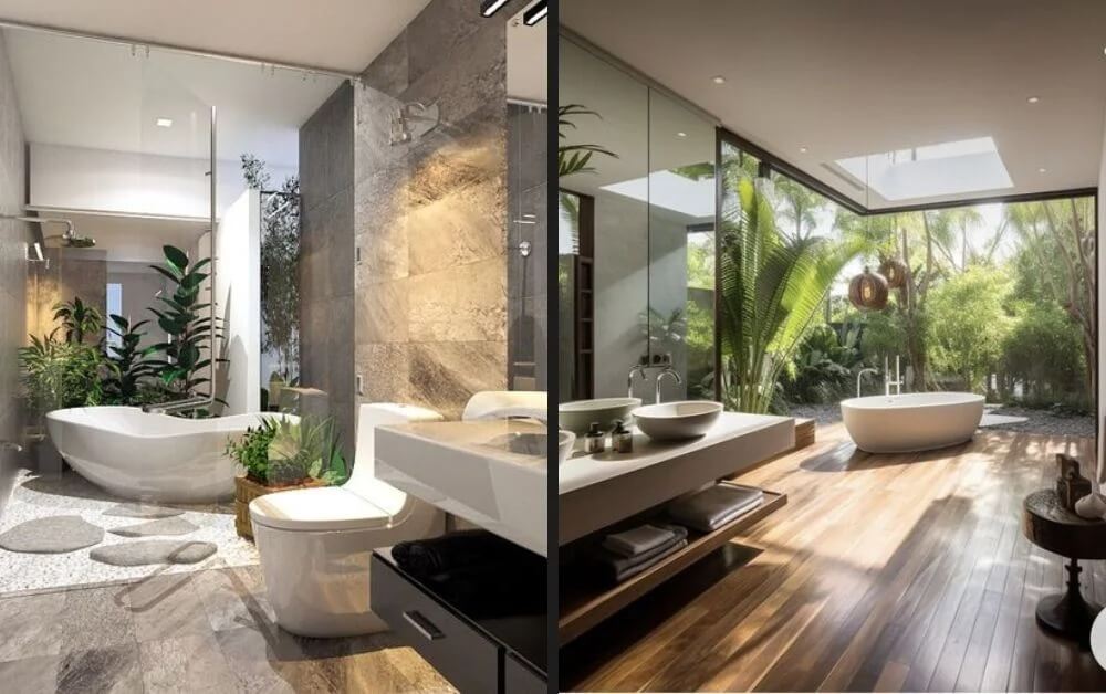 Phòng tắm hiện đại với bồn tắm lớn, ánh sáng tự nhiên và cây xanh thư giãn.