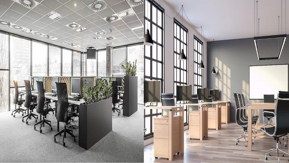 Phòng làm việc hiện đại với thiết kế mở, ánh sáng tự nhiên, bàn ghế xoay và máy tính, cây xanh trang trí.