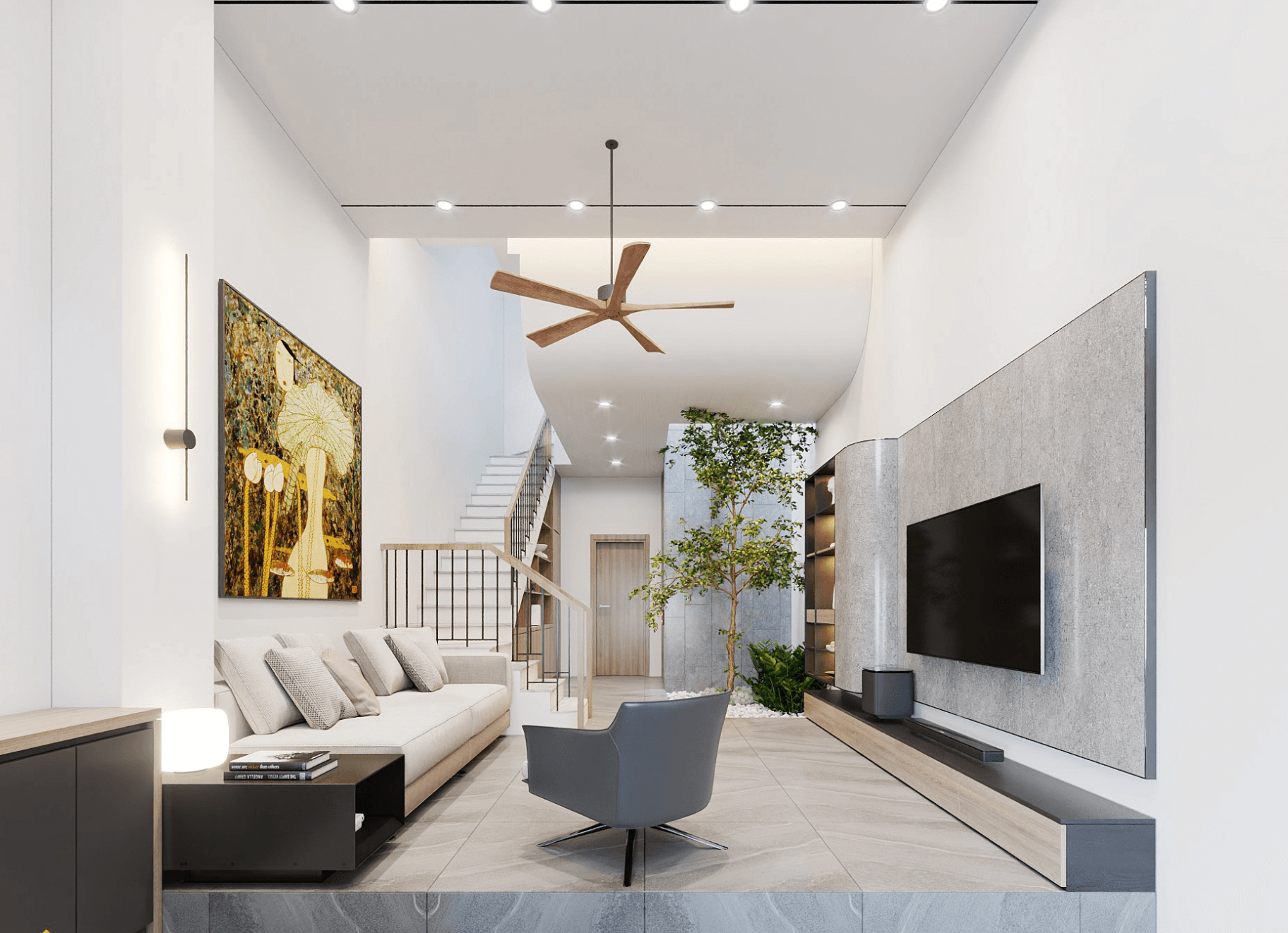 toi-uu-hoa-khong-gian-song-trong-nha-5c39716-co-gara Phòng khách hiện đại với sofa, tranh treo tường, quạt trần, và cây xanh, nội thất tối giản, không gian thoáng đãng.