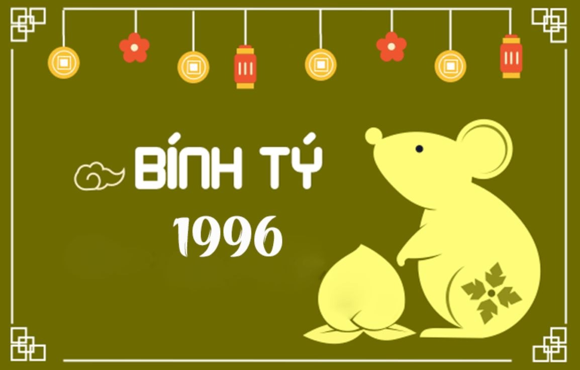 Hình ảnh chuột dễ thương với dòng chữ Bính Tý 1996 trên nền xanh lá, biểu tượng đèn lồng đón Tết.