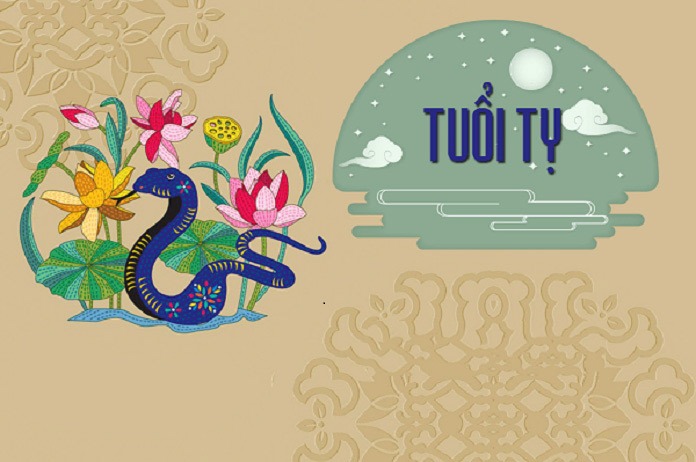 tong-quan-ve-phong-thuy-tuoi-ty Hình minh họa tuổi Tỵ với rắn xanh, hoa sen và nền trang trí truyền thống.