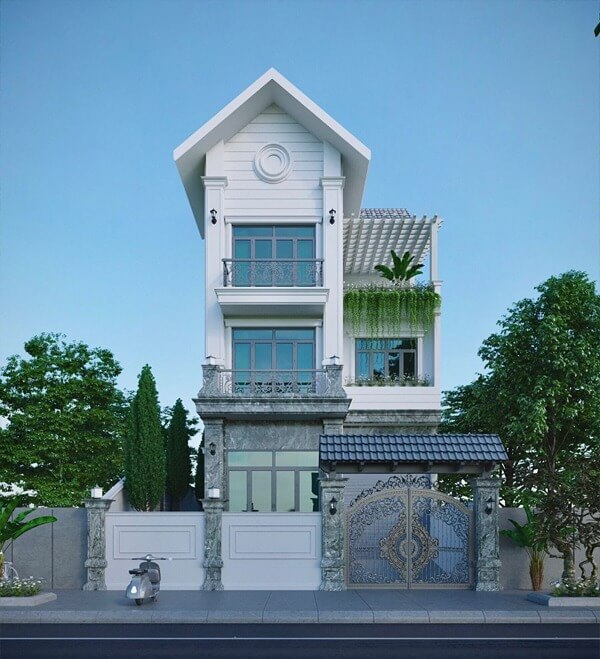 top-cac-mau-nha-mai-thai-co-san-thuong-dep-6 Nhà phố hiện đại 3 tầng với sân cây xanh và cổng trang trí, không gian sống lý tưởng ở đô thị.