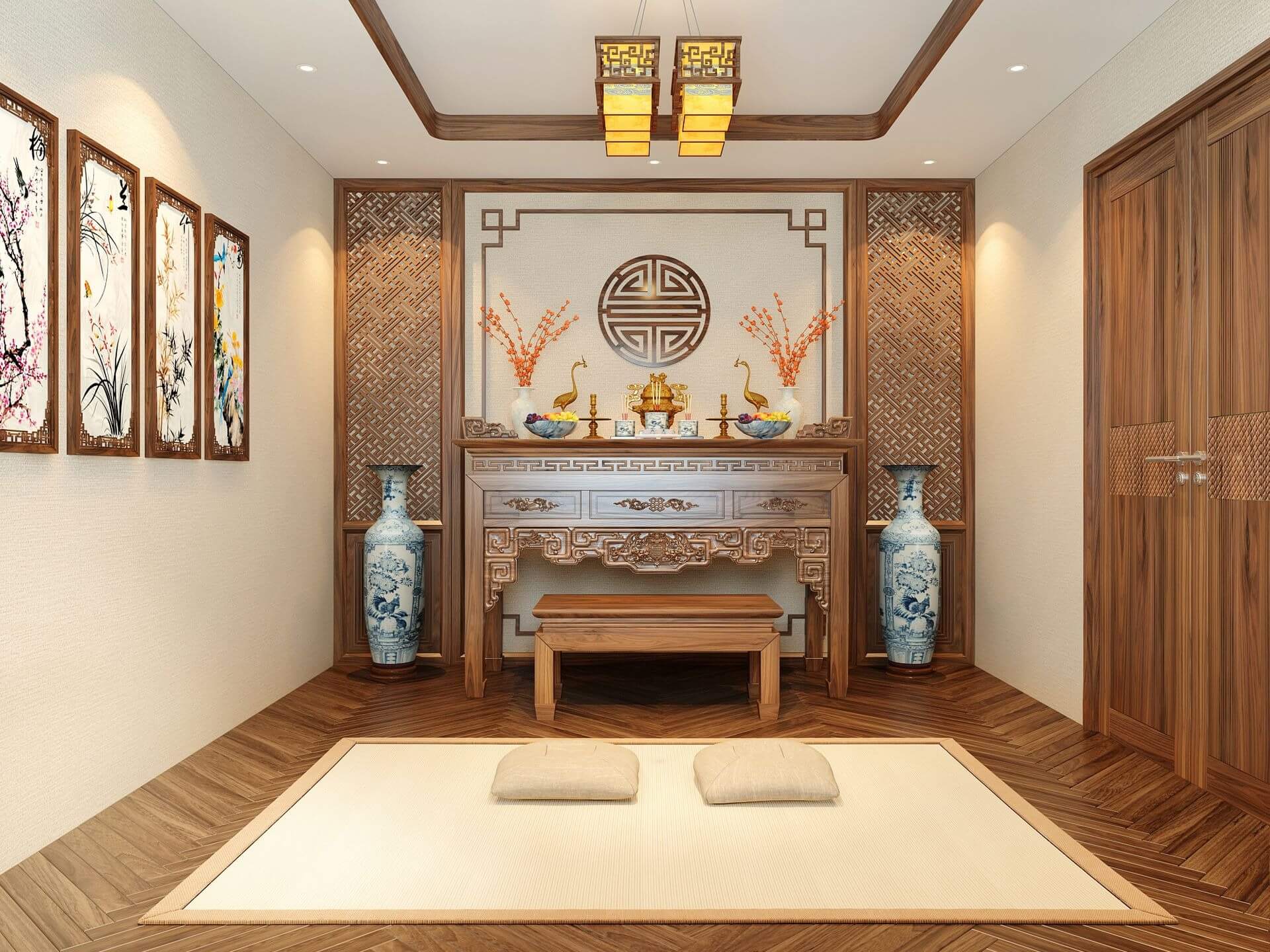 Phòng thờ truyền thống với nội thất gỗ tinh tế, các bức tranh treo tường và bình gốm sứ xanh trắng trang trí.