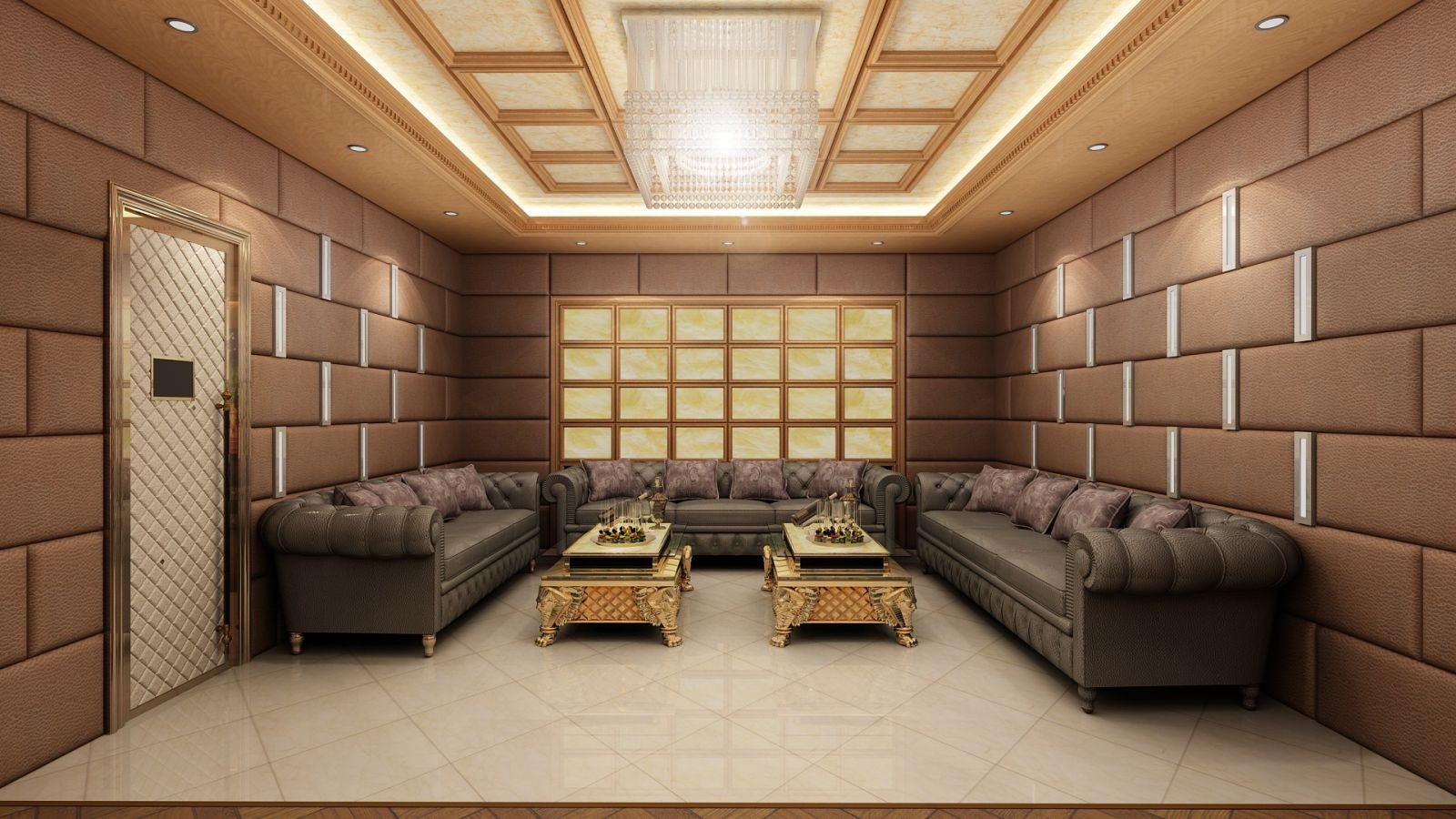 Phòng khách sang trọng với sofa da nâu, bàn kính và đèn chùm lấp lánh, tạo không gian ấm cúng và lịch sự.