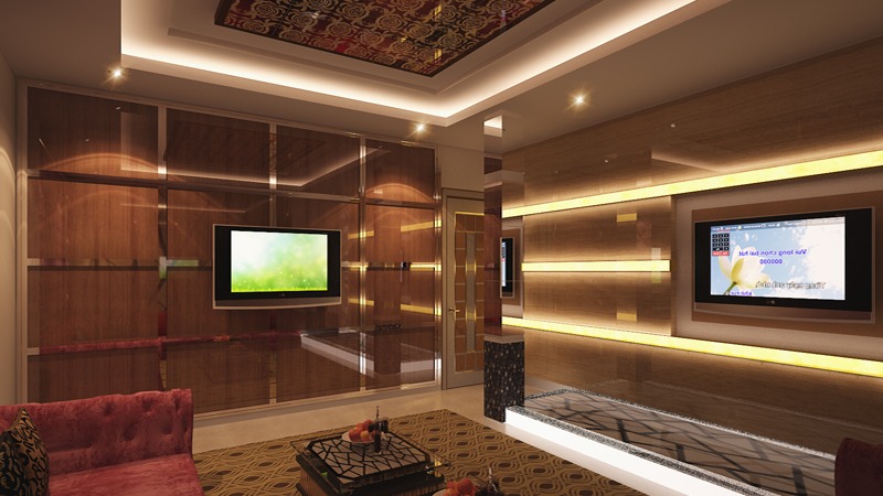 Phòng karaoke sang trọng với thiết kế gỗ ấm cúng, hệ thống đèn LED hiện đại và màn hình TV lớn.