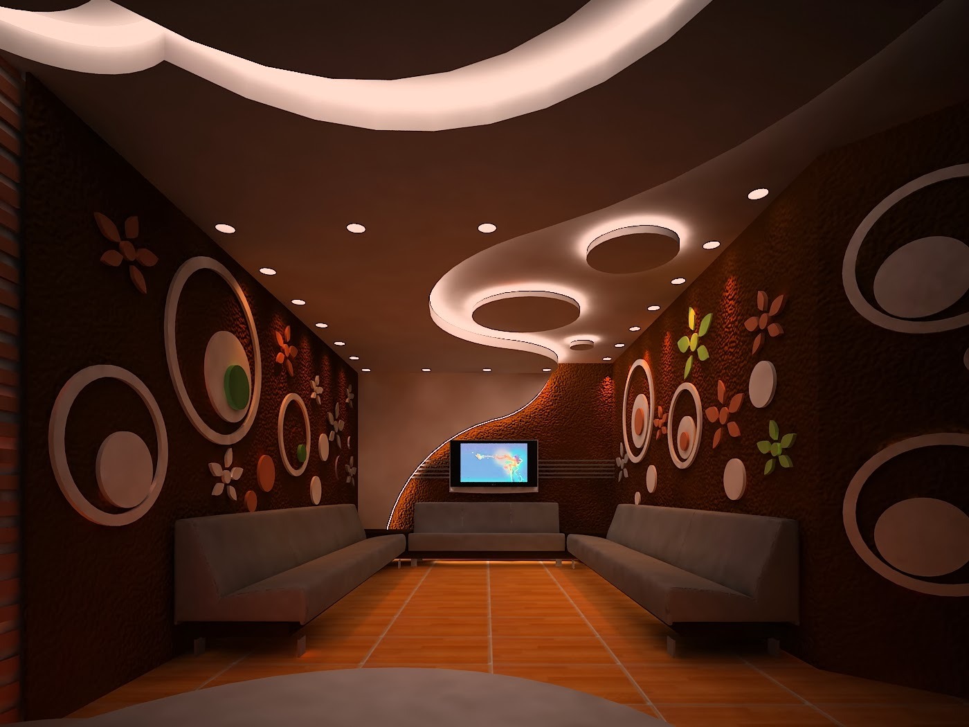 Phòng khách hiện đại với trang trí hoa văn tròn trên tường và trần nhà, cùng sofa dài thoải mái.