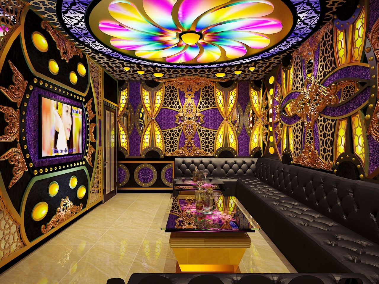 tran-thach-cao-phong-karaoke-tan-co-dien-5 Phòng karaoke sang trọng với đèn trần màu sắc rực rỡ và nội thất da cao cấp.