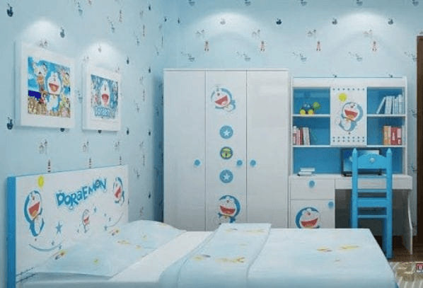 Phòng ngủ trẻ em theo chủ đề Doraemon với giường, tủ và bàn học màu xanh dương.