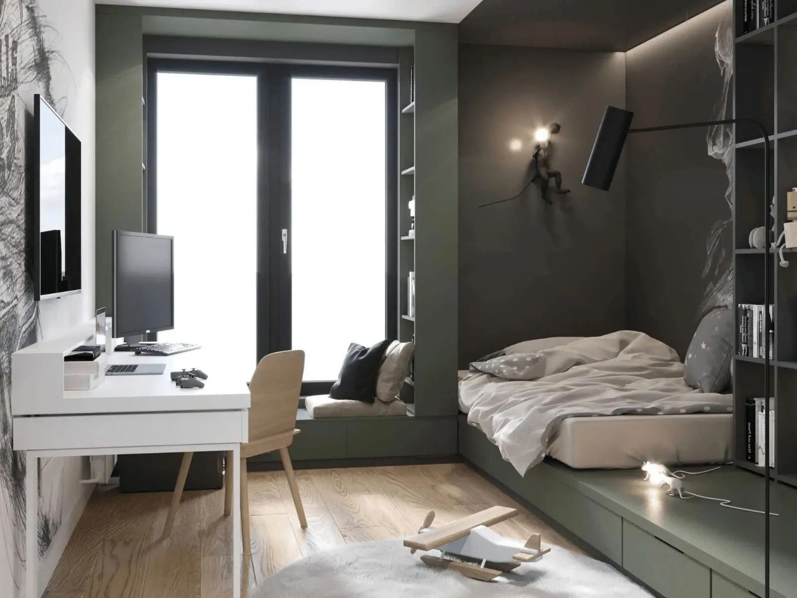 Phòng ngủ hiện đại với giường, bàn làm việc và cửa sổ lớn, trang trí tối giản và đèn chiếu sáng độc đáo.