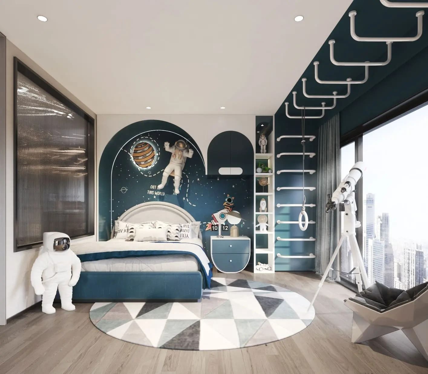 Phòng ngủ trẻ em chủ đề không gian với giường, đồ trang trí phi hành gia và kính thiên văn.