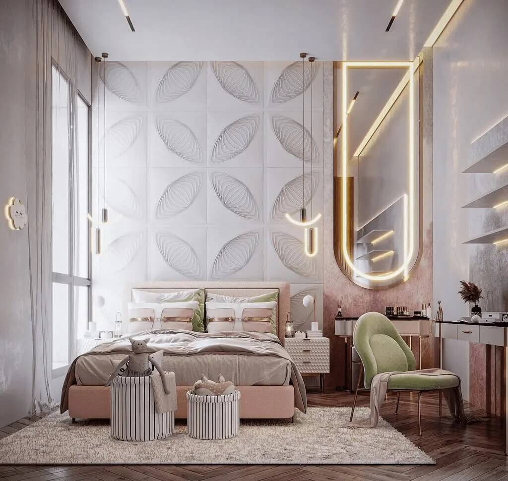 Phòng ngủ hiện đại với tường hoa văn lá, giường ấm cúng, ghế xanh, gương lớn và ánh sáng tinh tế.