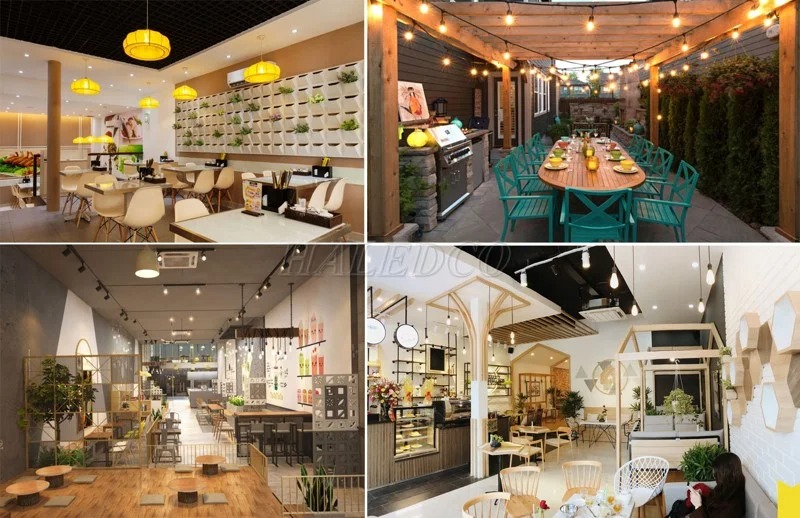 trang-tri-tran-quan-cafe-bang-den-tha-tran Không gian quán cà phê hiện đại với thiết kế nội thất đa dạng và ánh sáng ấm cúng.