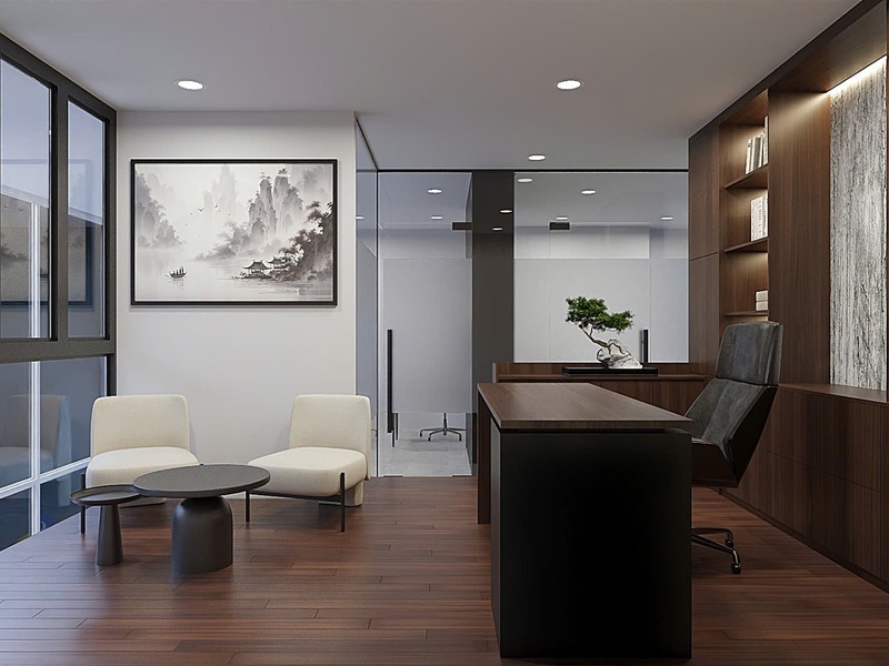 tranh-tao-ra-cac-khoang-trong-goc-chet Văn phòng hiện đại với nội thất gỗ, bàn, ghế xoay, cây cảnh và tranh nghệ thuật treo tường.