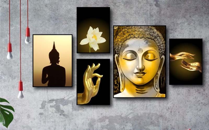 tranh-treo-o-phong-tho Hình ảnh tượng Phật và hoa sen, tay ấn thể hiện sự bình an và tâm linh, trang trí treo tường nghệ thuật.