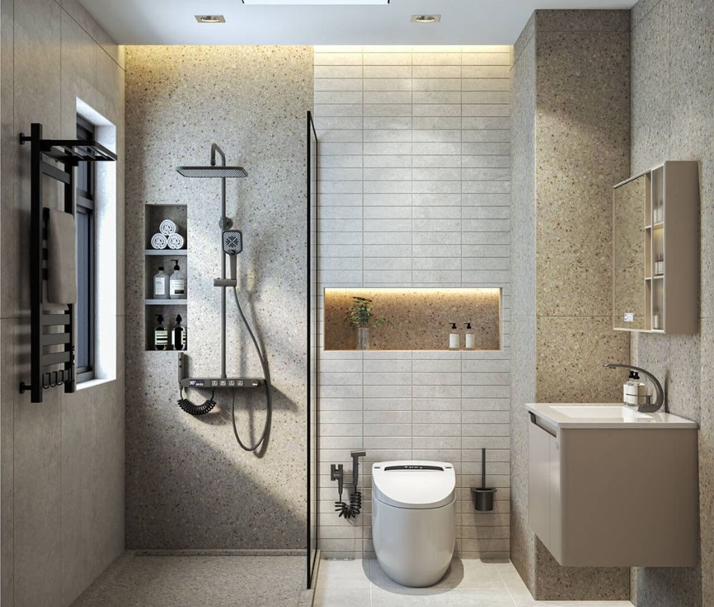 Phòng tắm hiện đại với bồn cầu thông minh, vòi sen, kệ lưu trữ và ánh sáng LED tạo không gian sang trọng.