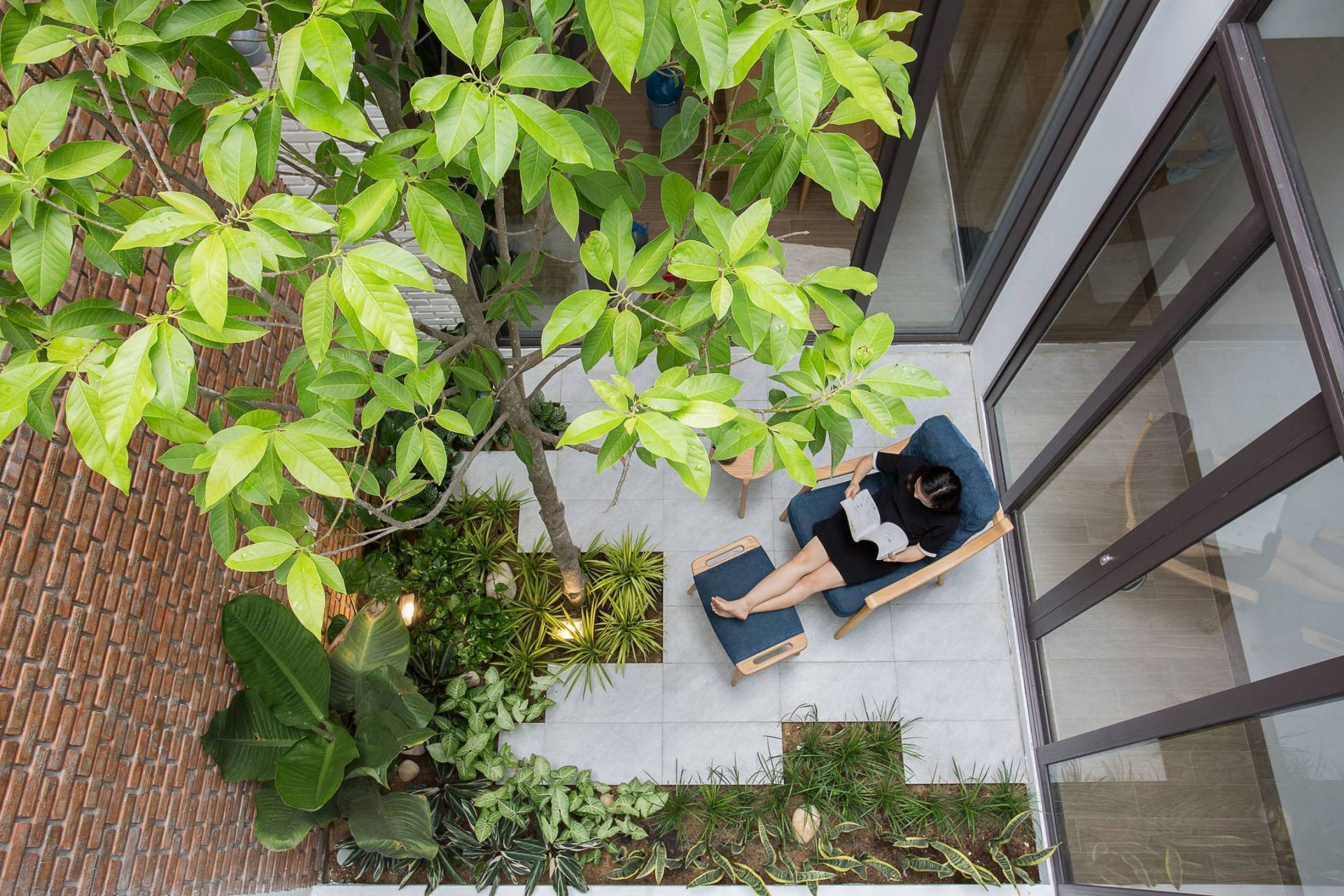 Người phụ nữ thư giãn đọc sách dưới tán cây trong sân vườn nhỏ, không gian yên bình và xanh mát.