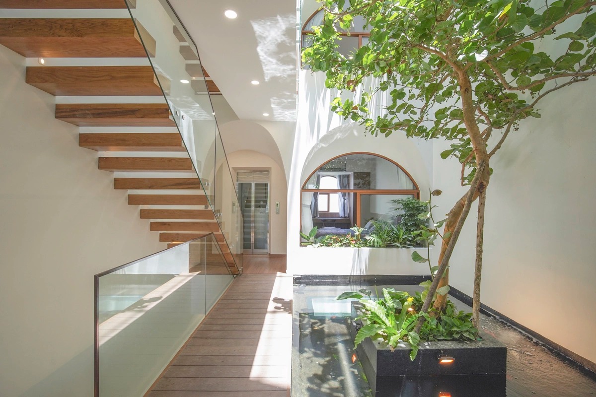Cầu thang gỗ hiện đại cạnh vườn trong nhà, ánh sáng tự nhiên, thiết kế nội thất tối giản, không gian mở.
