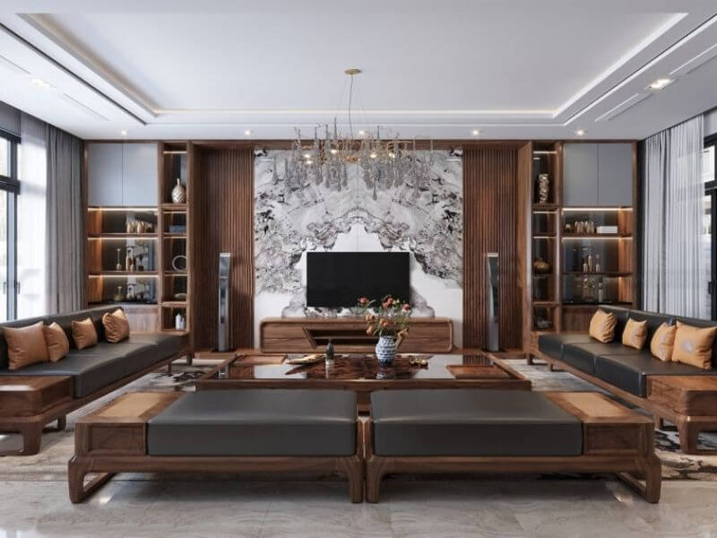 Phòng khách sang trọng với nội thất gỗ cao cấp, bức tường tranh đá cẩm thạch và đèn chùm hiện đại.