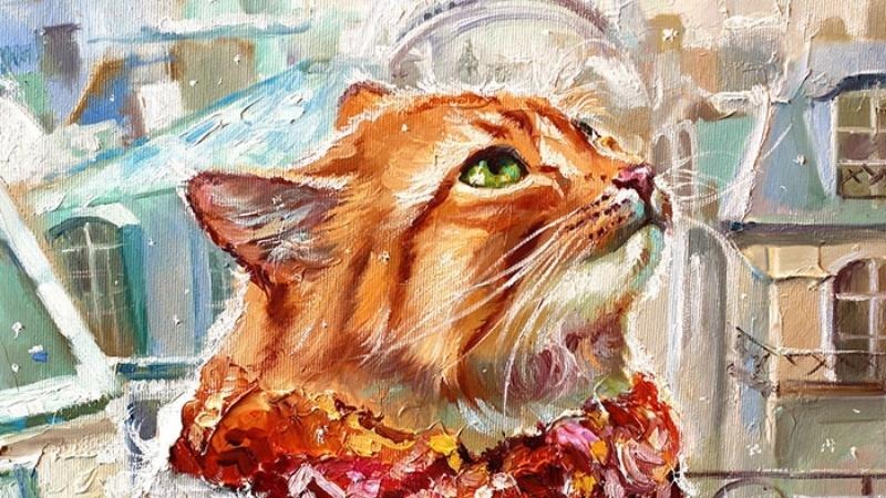 Tranh mèo cam nhìn lên trời, phông nền là thành phố, phong cách ấn tượng và sáng tạo.