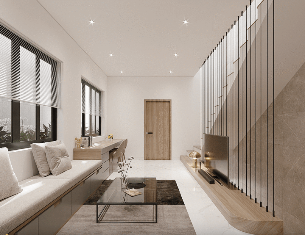 Phòng khách hiện đại với sofa, bàn kính, ánh sáng tinh tế và cầu thang thiết kế tối giản.