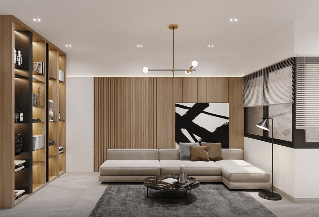 Phòng khách phong cách hiện đại với ghế sofa màu be, tranh trừu tượng và kệ sách trang nhã.