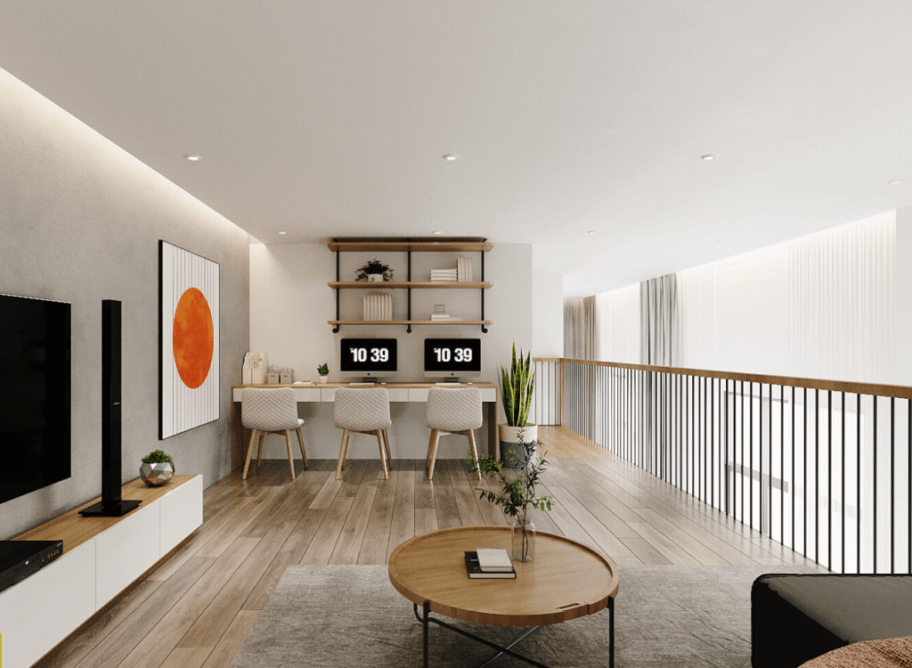 Phòng khách hiện đại với bàn làm việc đôi, trang trí đơn giản và sàn gỗ sáng màu.