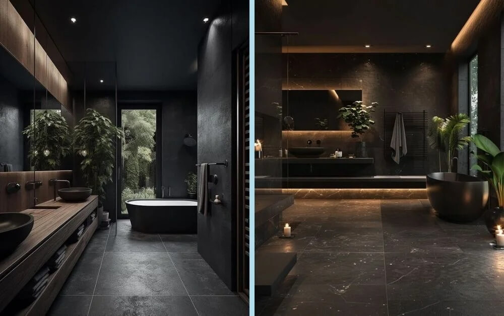 Phòng tắm hiện đại với bồn tắm và cây xanh, ánh sáng tự nhiên qua cửa kính, thiết kế sang trọng, tối giản.