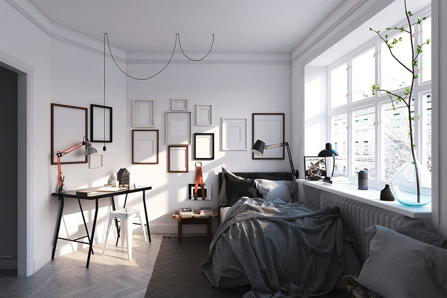 ty-le-khong-gian-va-anh-sang Phòng ngủ hiện đại, ánh sáng tự nhiên từ cửa sổ lớn, bàn làm việc tối giản với ghế và đèn đọc sách.