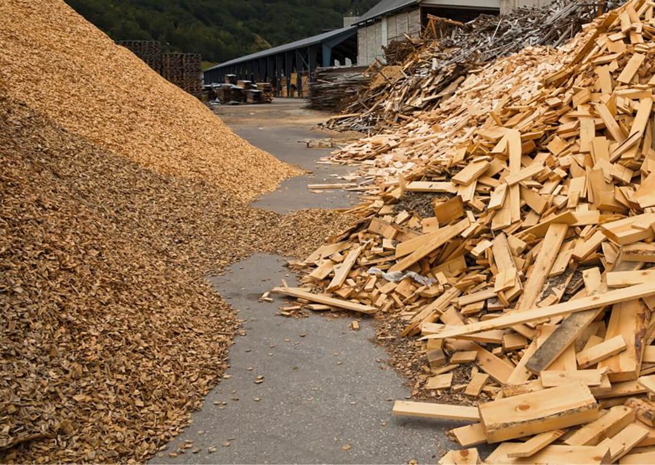 uoajt2i4rmfysk7w1exq Đống gỗ vụn và dăm gỗ tại nhà máy sản xuất gỗ, sẵn sàng tái chế hoặc làm nguyên liệu công nghiệp.