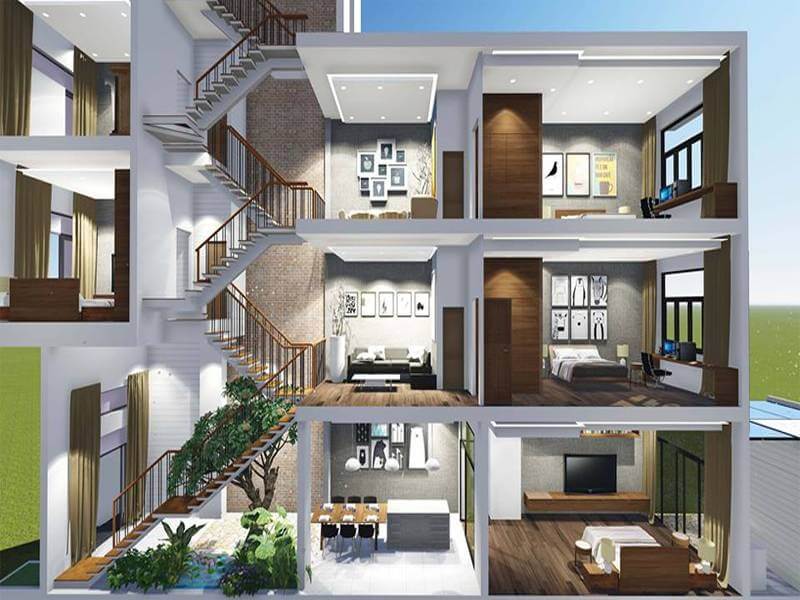 Bản cắt ngang nhà hiện đại ba tầng với nội thất sang trọng và ánh sáng tự nhiên.