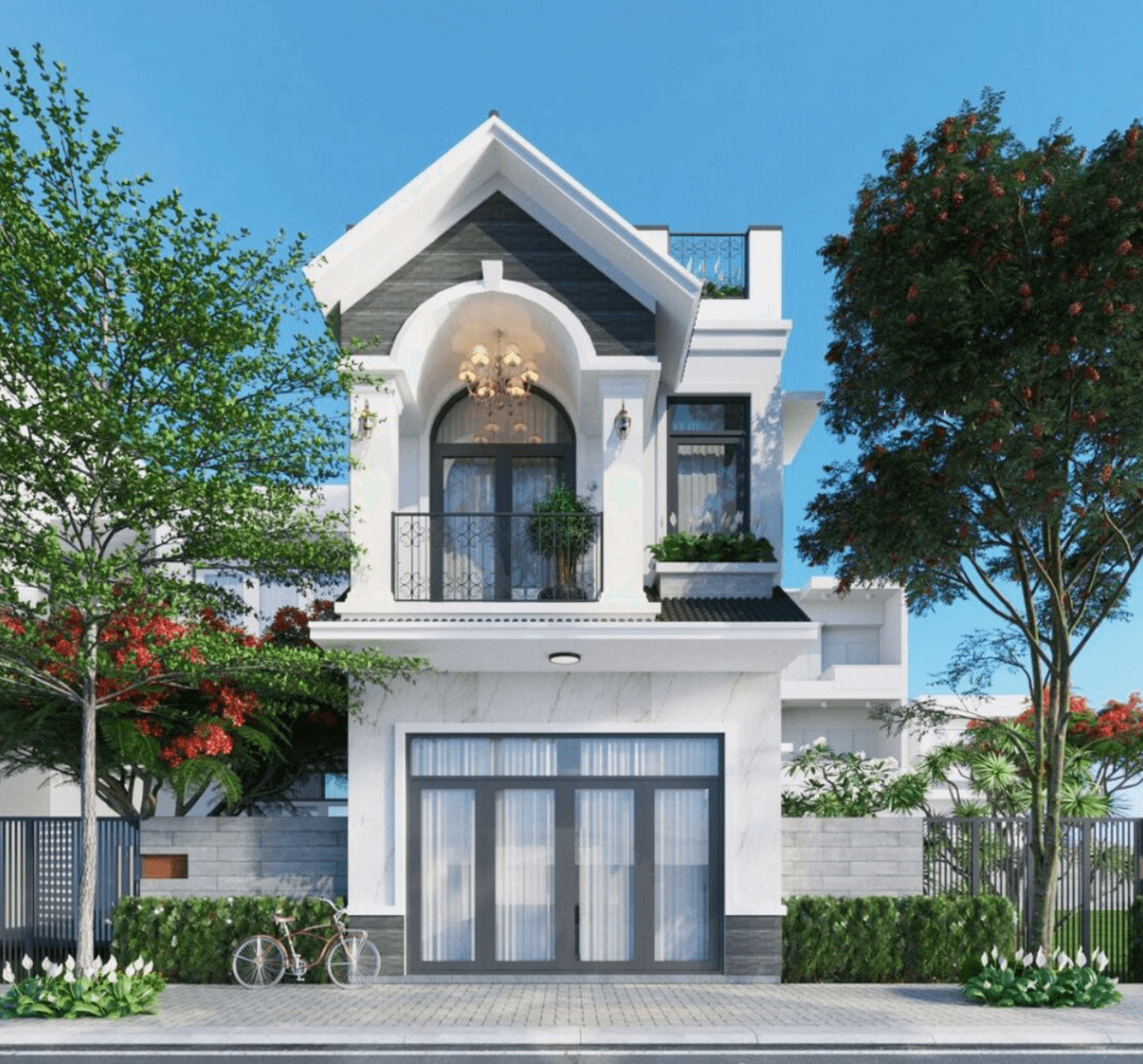 Mặt tiền nhà hiện đại 2 tầng với ban công, cây xanh và trời xanh nắng đẹp.