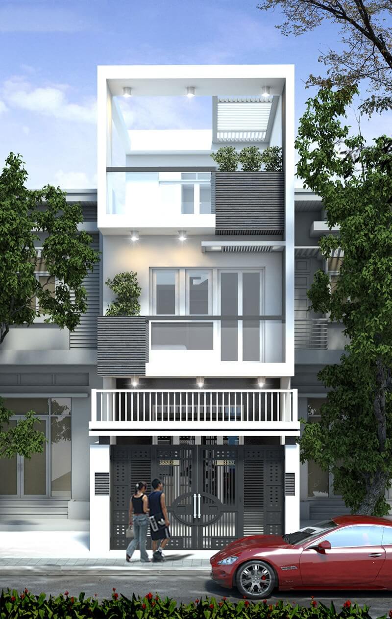 uu-diem-cua-nha-ong-3-tang-5x15m-4-phong-ngu-3 Nhà phố hiện đại ba tầng với ban công, cây xanh và xe thể thao đỏ đậu phía trước.