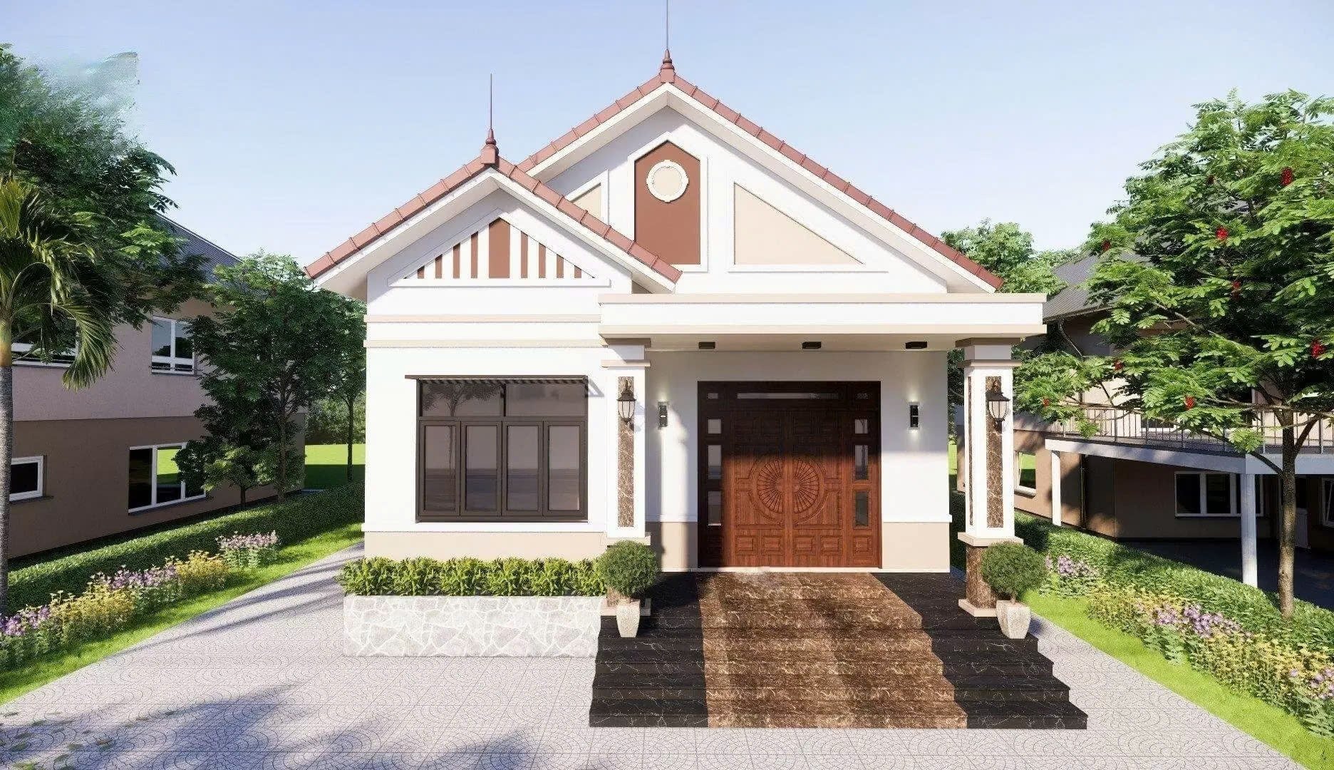 Ngôi nhà nhỏ một tầng với mái ngói đỏ và khu vườn xung quanh, thiết kế hiện đại hài hòa với thiên nhiên.